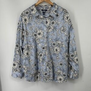 Chaps Blue and White Floral Shirt 100% Cotton No Iron